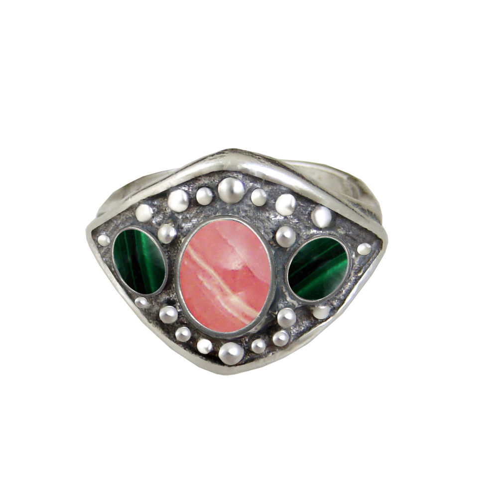 Sterling Silver Medieval Lady's Ring with Rhodocrosite And Malachite Size 9